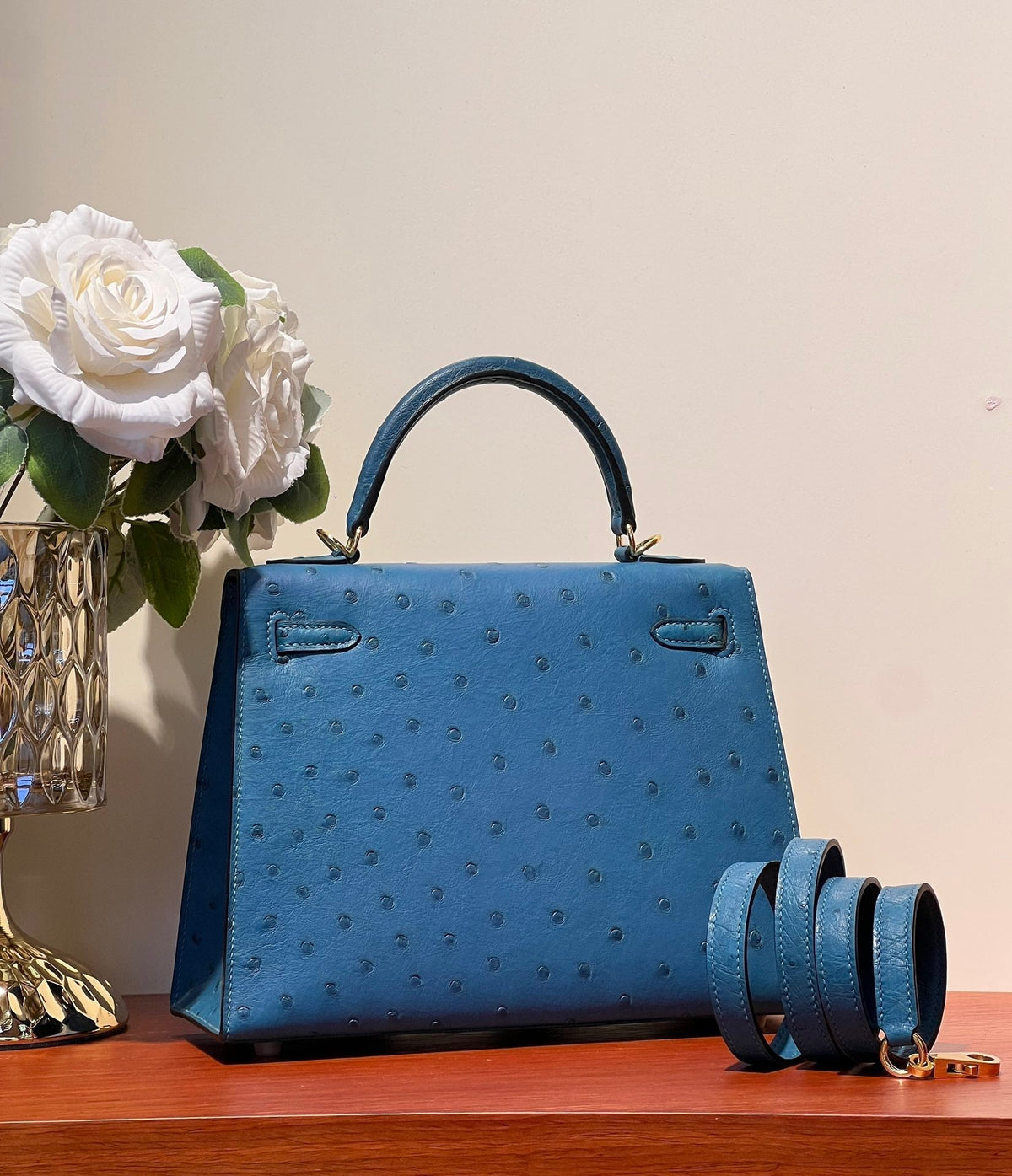 KELLY SELLIER 25 BAG IN ROYAL BLUE OSTRICH LEATHER (MADE-TO-ODER)