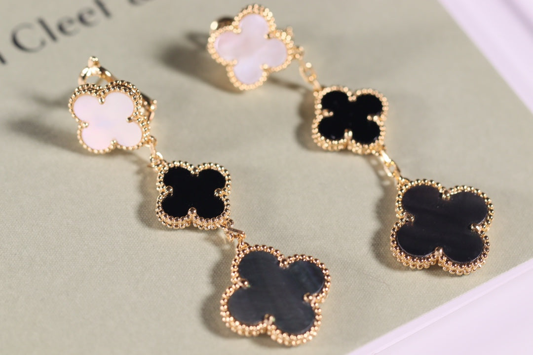 [⭐JeweliWhal]CLOVER EARRINGS GOLD ONYX MOP 3 MOTIF