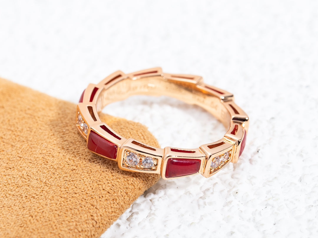 [⭐JeweliWhal]SERPENTI RING PINK GOLD CARNELIAN DIAMOND 3MM