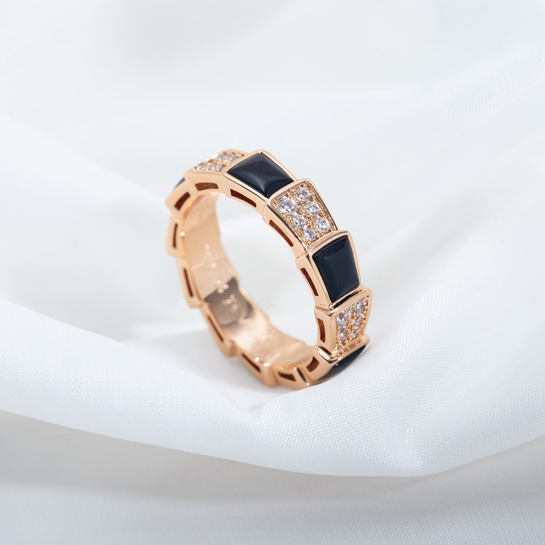 [⭐JeweliWhal]SERPENTI RING PINK GOLD BLACK MOP DIAMOND PAVED 4MM