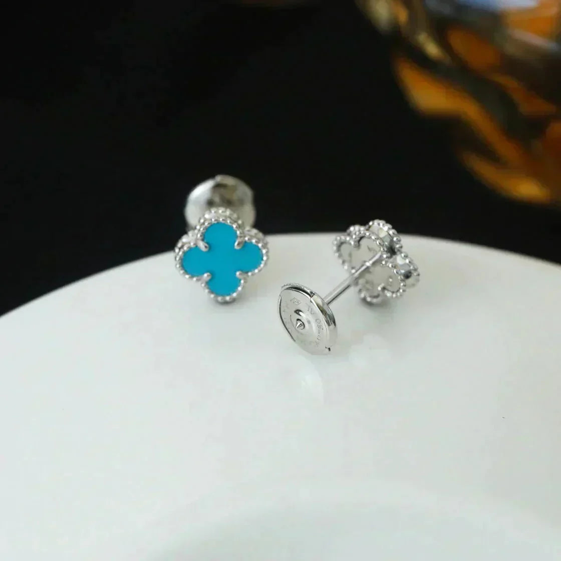 [⭐JeweliWhal]CLOVER MINI 9.5MM ONYX STUD EARRINGS SILVER