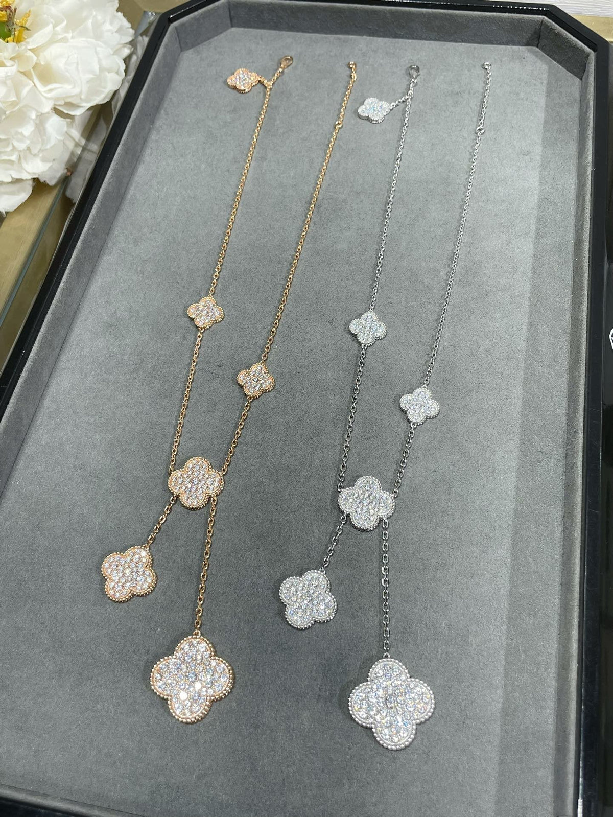 [⭐JeweliWhal]CLOVER 6 MOTIF DIAMOND PAVED NECKLACE