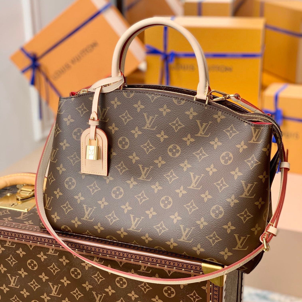 GRAND PALAIS TOTE BAG 34 IN BROWN MONOGRAM COATED CANVAS