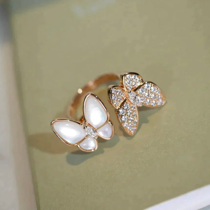 [⭐JeweliWhal]TWIN BUTTERFLY DIAMOND MOP RING