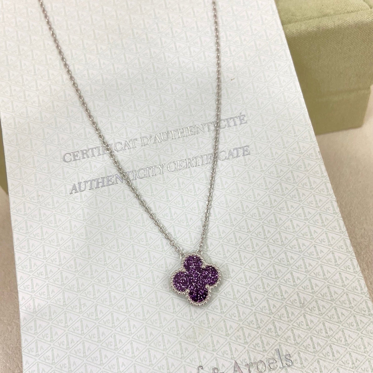 [⭐JeweliWhal]NEW 15MM PURPLE SAND-GOLD FOUR-LEAF CLOVER NECKLACE