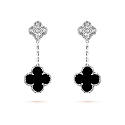 [⭐JeweliWhal]CLOVER 2 MOTIFS  DIAMOND ONYX EARRINGS SILVER