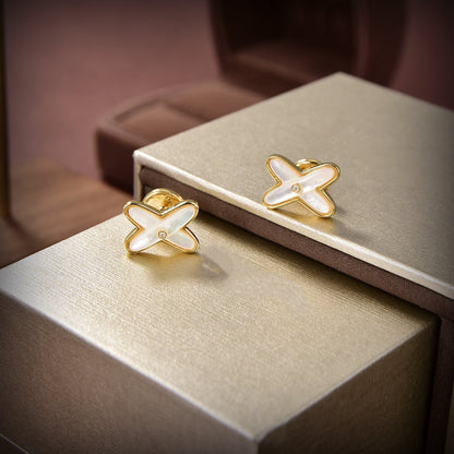 [⭐JeweliWhal]JEUX DE WHITE MOP GOLD DIAMOND EARRINGS