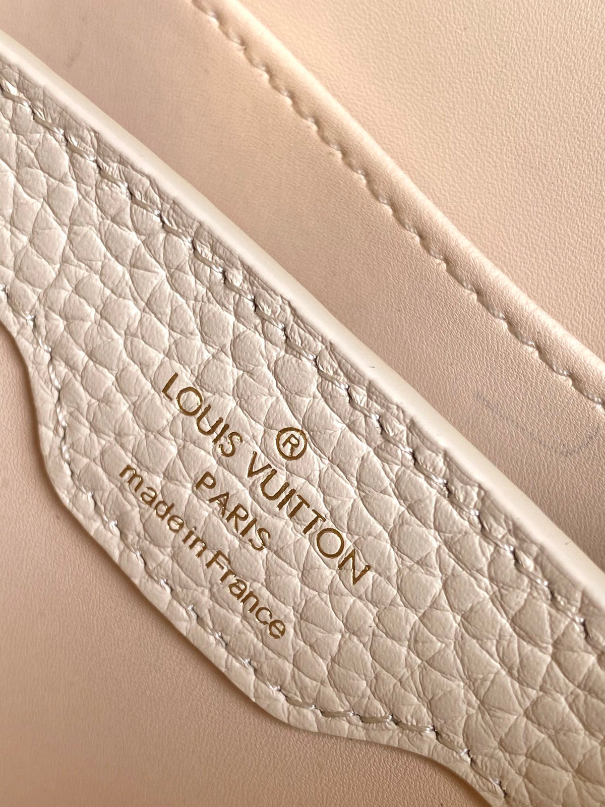 CAPUCINES NANO 16 IN PEARL WHITE MIX SKY BLUE TAURILLON GOLD HARDWARE