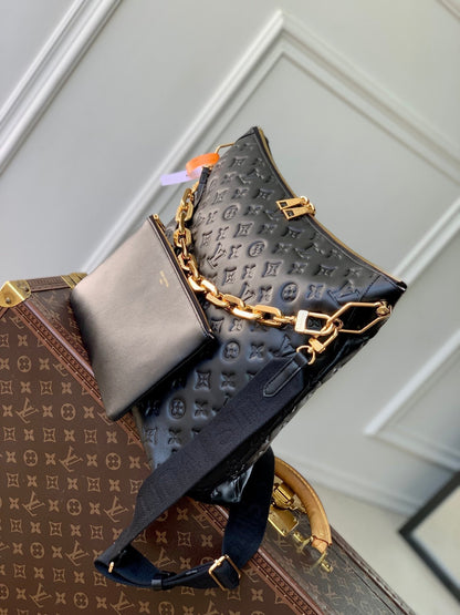 COUSSIN MM 38 IN BLACK MONOGRAM EMBOSSED CALFSKIN GOLD HARDWARE