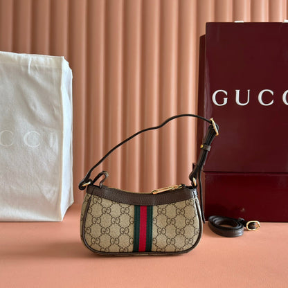GUCCI 25S OPHIDIA SMALL SHOULDER BAG 19 IN BEIGE CANVAS AND BROWN CALFSKIN