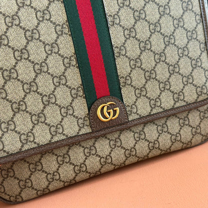 GUCCI 25S OPHIDIA MEDIUM CROSSBODY BAG 28 IN BEIGE CANVAS AND BROWN CALFSKIN
