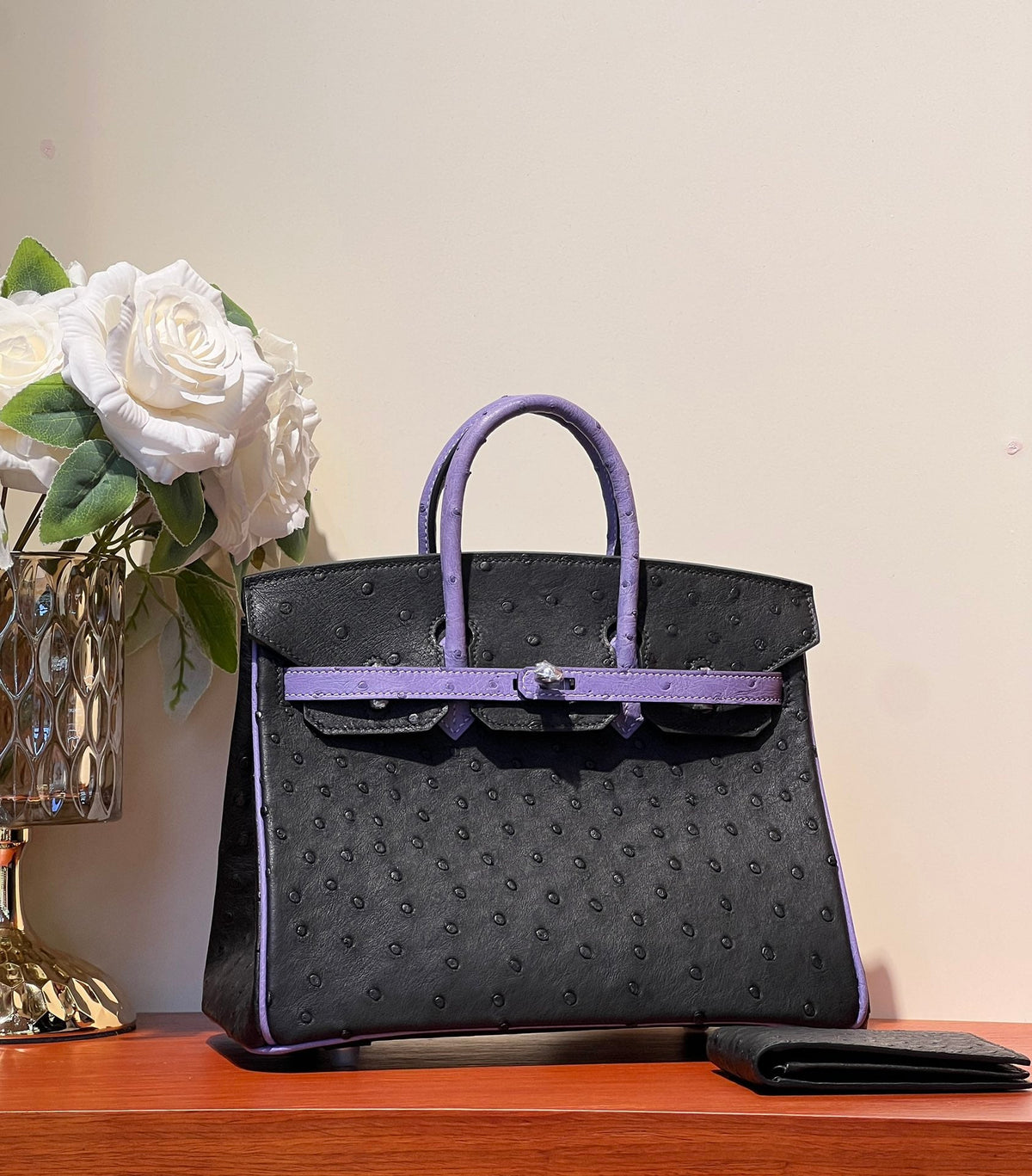 KELLY  SELLIER 25 BAG IN BLACK MIX AMETHYST PURPLE OSTRICH LEATHER (MADE-TO-ODER)
