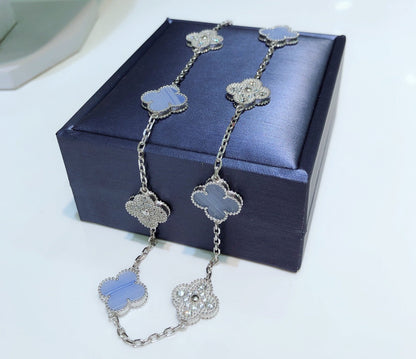 [⭐JeweliWhal]CLOVER 10 MOTIFS CHALCEDONY DIAMONDS SILVER NECKLACE